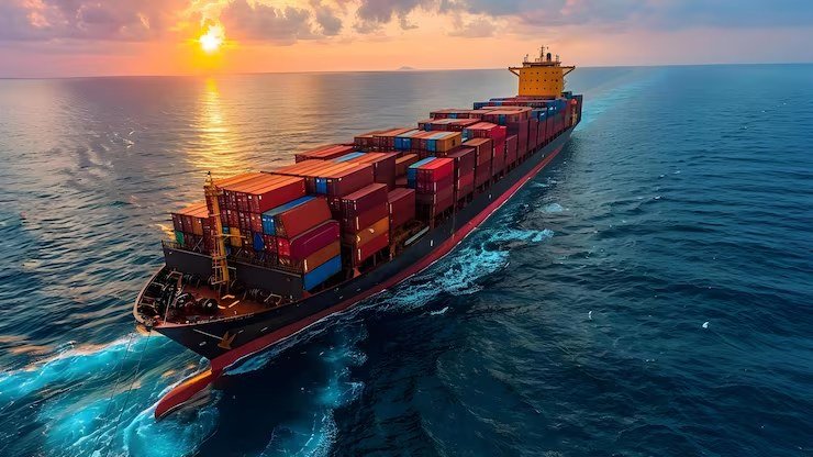 Loaded container ship sailing at sunset